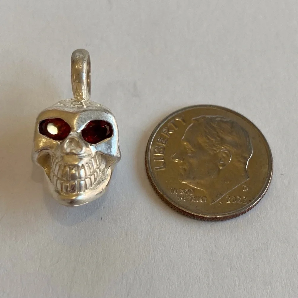 925 Sterling Silver Skull with Ruby Eyes Pendant Necklace